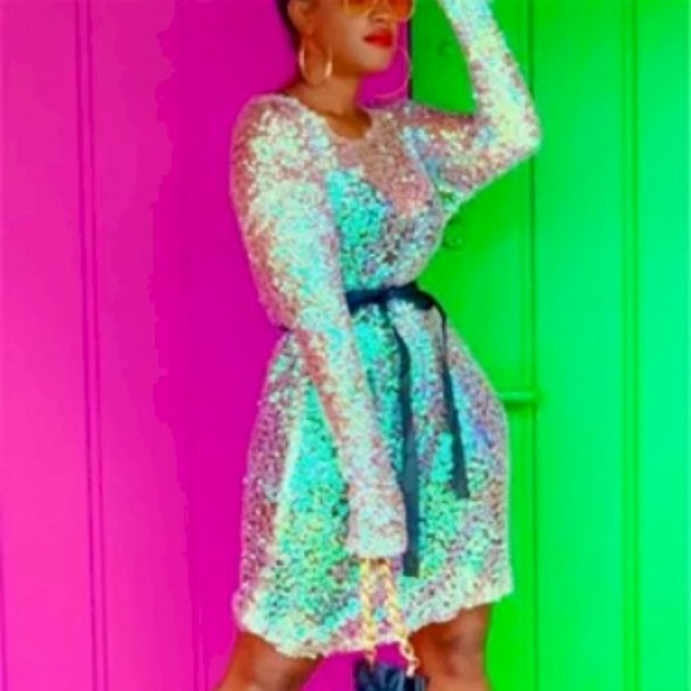 Long Sleeve Separate Belt Iridescent Sequin Dress